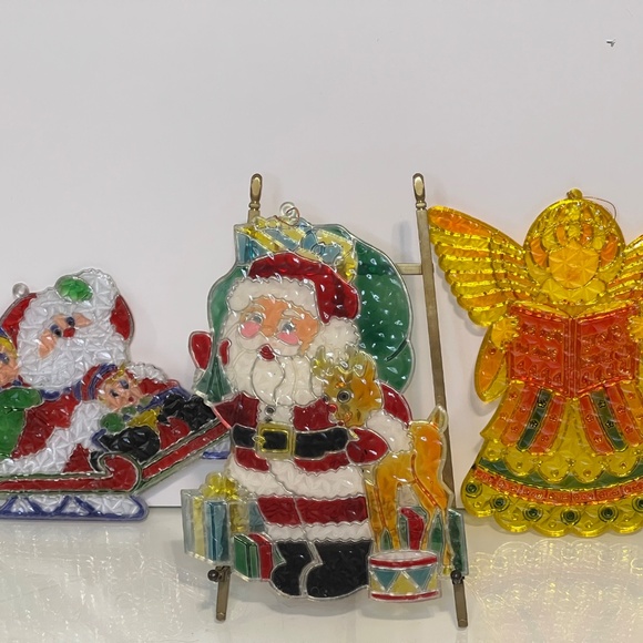 Vintage Plastic Christmas Stained Glass Suncatcher Giftco Set Of 3 with 8” Tall - Picture 7 of 14